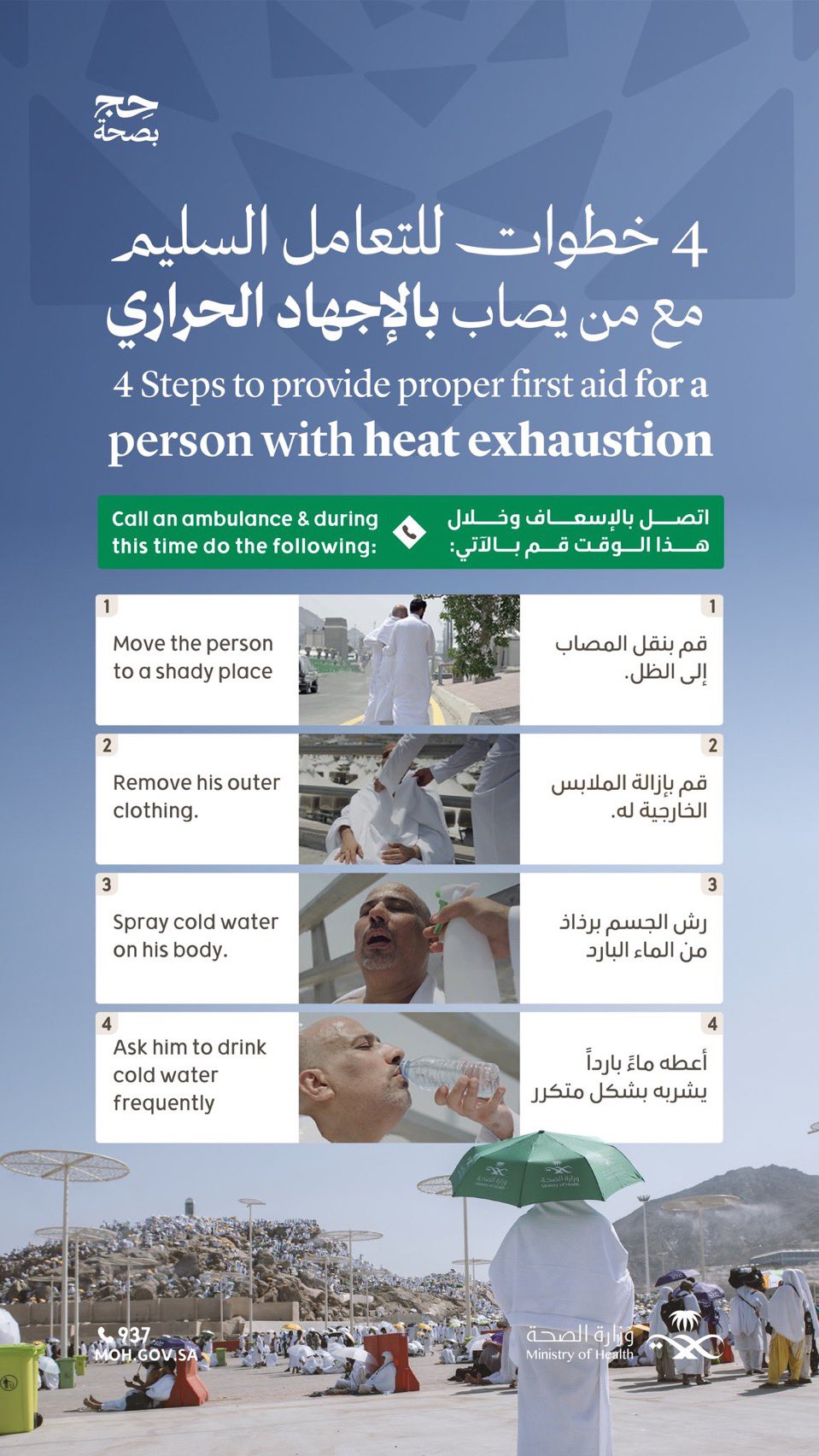 اتبع ٤ خطوات للتعامل مع حالات الإجهاد الحراري.
#حج_بصحة
#يسر_وطمأنينة
