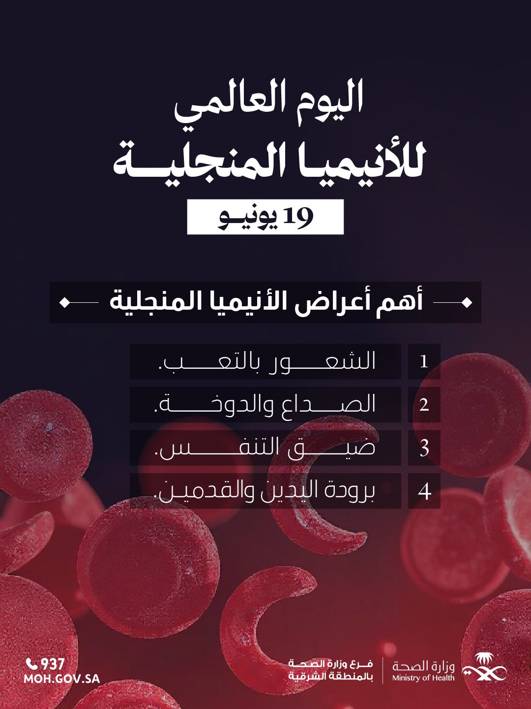 #تفاعل| 

أهم أعراض الأنيميا المنجلية:  
 
١- الشعور بالتعب.
٢- الصداع والدوخة.
٣- ضيق التنفس.
٤- برودة اليدين والقدمين.

#اليوم_العالمي_للأنيميا_المنجلية
#صحة_الشرقية