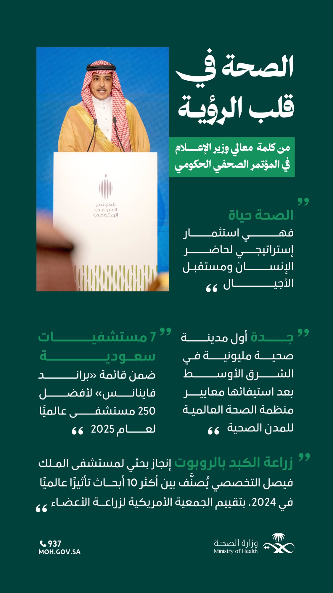 الصحة استثمار في حاضر الإنسان ومستقبل الأجيال  من حديث معالي وزير الإعلام في #المؤتمر_الصحفي_الحكومي ، وإشادته بالمنظومة الصحية السعودية التي تعكس مسيرة المملكة، وتواكب تطلعات #رؤية_السعودية_2030 في جعل الصحة أساسًا للتقدم والريادة