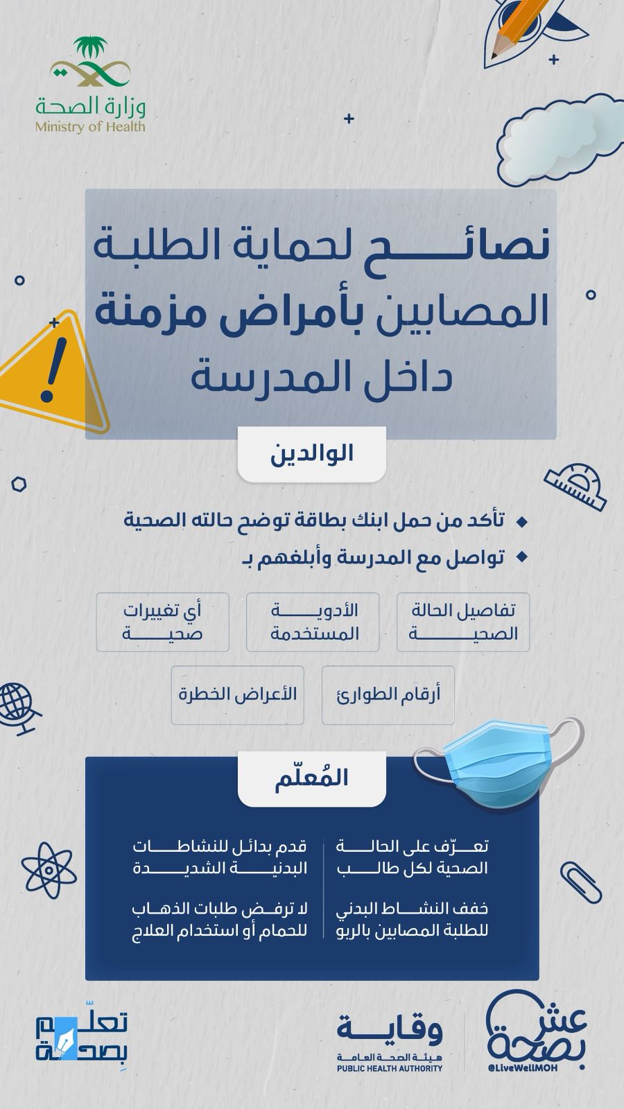 
بخطوات بسيطة ... نقدر نحافظ على صحة أبنائنا داخل المدرسة. #تعلم_بصحة




