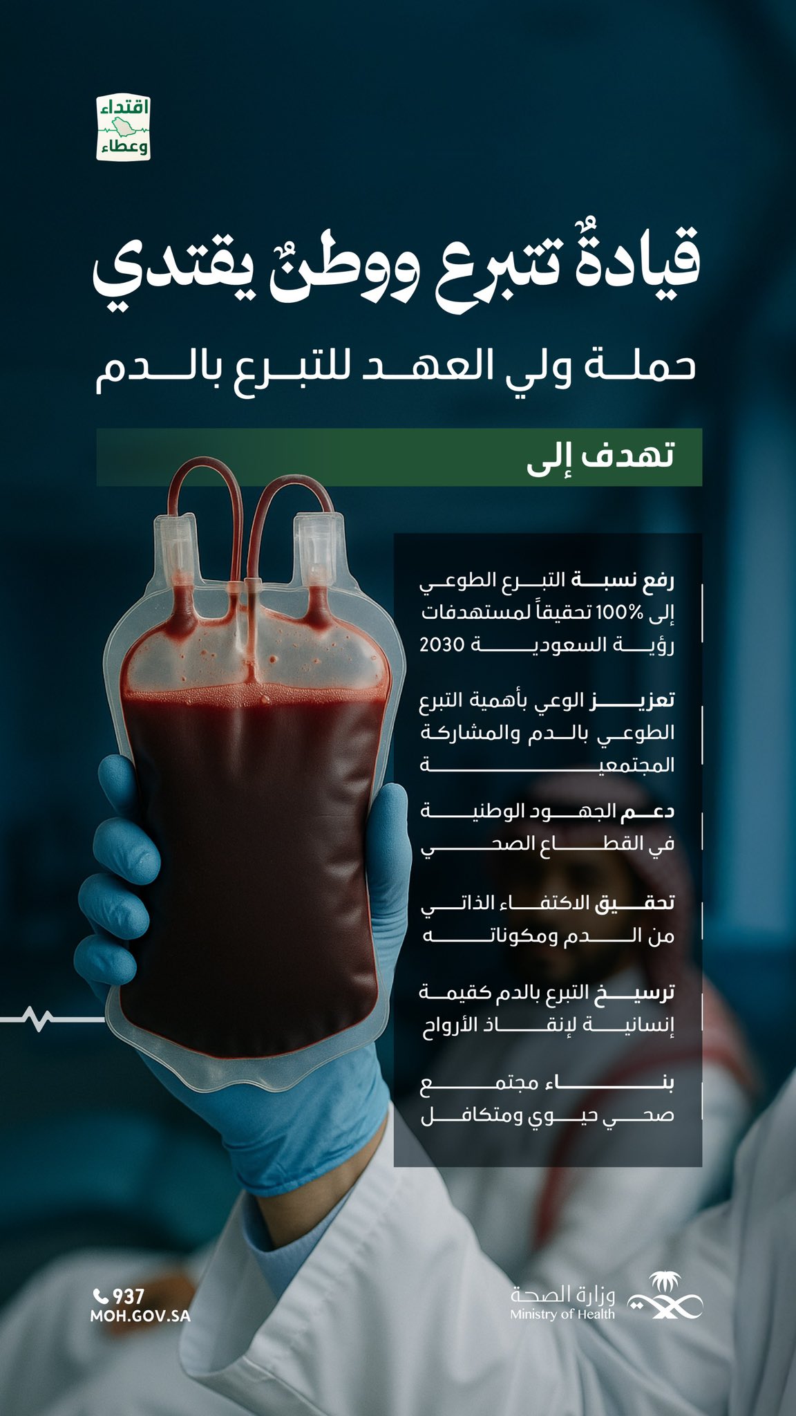 
عطاء القائد.. قدوة للوطن 🇸🇦
تبرُّع سمو #ولي_العهد رسالة إنسانية لترسيخ التبرع بالدم كقيمة وطنية، ودعم لمنظومة العمل التطوعي في القطاع الصحي، وضمان لتوفير إمدادات دم آمنة تغطي الاحتياج.
#حملة_ولي_العهد_للتبرع_بالدم
