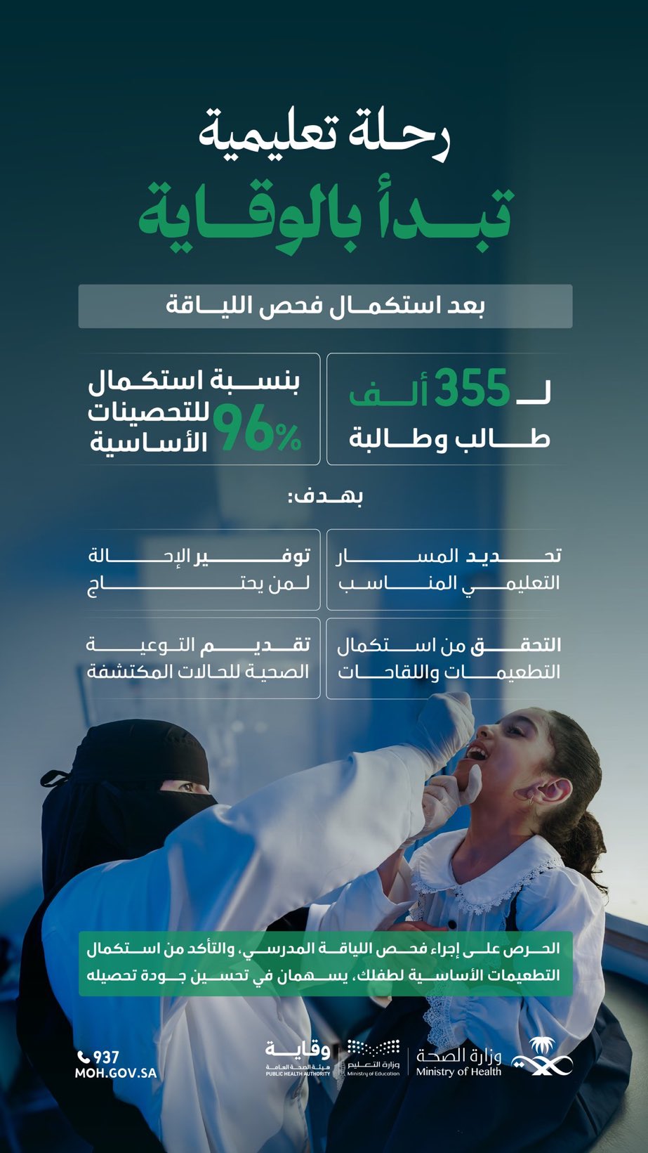 
بالتعاون مع وزارة التعليم ✨
يأتي استكمال التطعيمات وفحص اللياقة للطلبة المستجدين؛ انعكاسًا لحرص أولياء الأمور والمعلمين والمعلمات على بدء عام دراسي صحي وآمن لأبنائهم.
#تعلم_بصحة
#صحة_الشرقية
