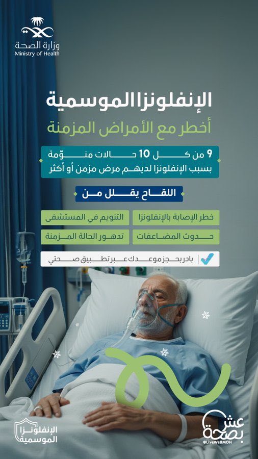 جرعة اليوم قد تجنّب أصحاب الأمراض المزمنة معاناة طويلة غدًا.
بادر بحجز موعد لقاح #الإنفلونزا_الموسمية الآن عبر تطبيق صحتي
