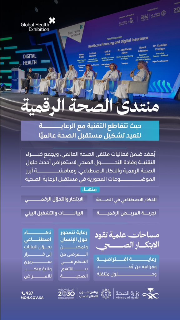 ابتكار، تحليل، عناية ✨
«منتدى الصحة الرقمية» يسلط الضوء على أحدث الحلول التقنية في الذكاء الاصطناعي، وتحليل البيانات، وتجربة المريض الرقمية ضمن #ملتقى_الصحة_العالمي في نسخته الثامنة.
#صحة_الشرقية
