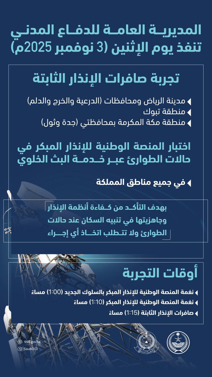 #إعلان| 
ينفذ #الدفاع_المدني يوم غدٍ الإثنين 3 نوفمبر 2025م تجربة المنصة الوطنية للإنذار المبكر في #المنطقة_الشرقية عبر خدمة البث الخلوي، وذلك بالتزامن مع تنفيذ التجربة في جميع مناطق ومحافظات المملكة. 
#صحة_الشرقية

