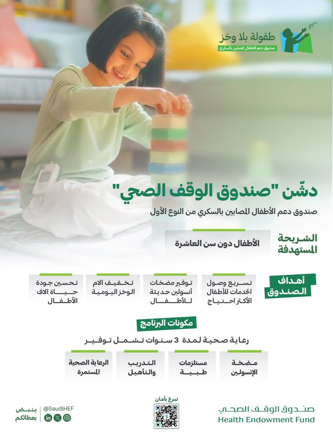 طفولة تنمو بصحةٍ وطمأنينة 💚
بإطلاق #صندوق_دعم_الأطفال_المصابين_بالسكري تحت مبادرة #طفولة_بلا_وخز، تتعزَّز قدرة الأطفال على الحصول على مضخات الأنسولين التي تسهم في الحد من الألم ودعم استقرار مستويات السكر.
